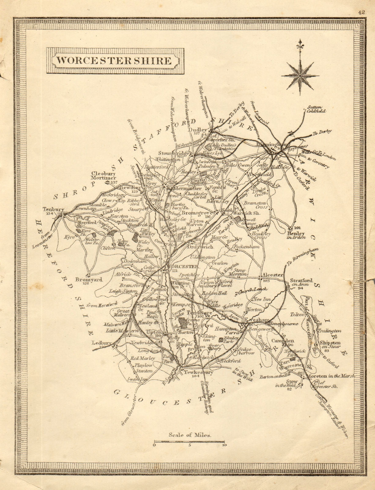 Antique county map of Worcestershire. John Heywood. Railways. Coach roads c1864